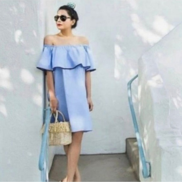 J. Crew Tipped Off the Shoulder Light Blue Cotton Mini Summer Dress size Small - Picture 1 of 11